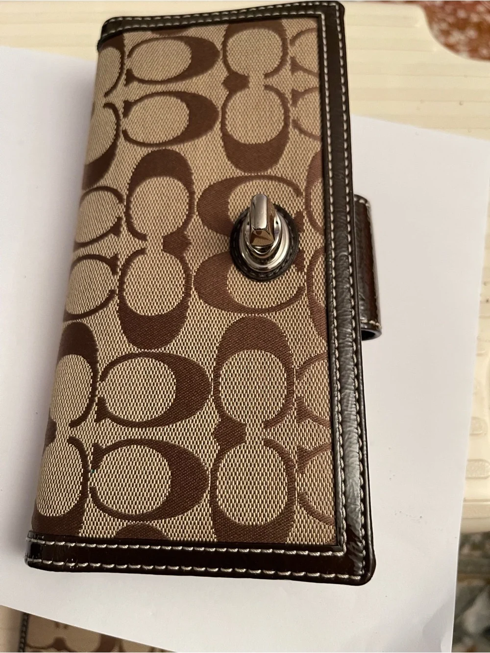 Coach Brown Signature Canvas Wallet with Silver Turnlock